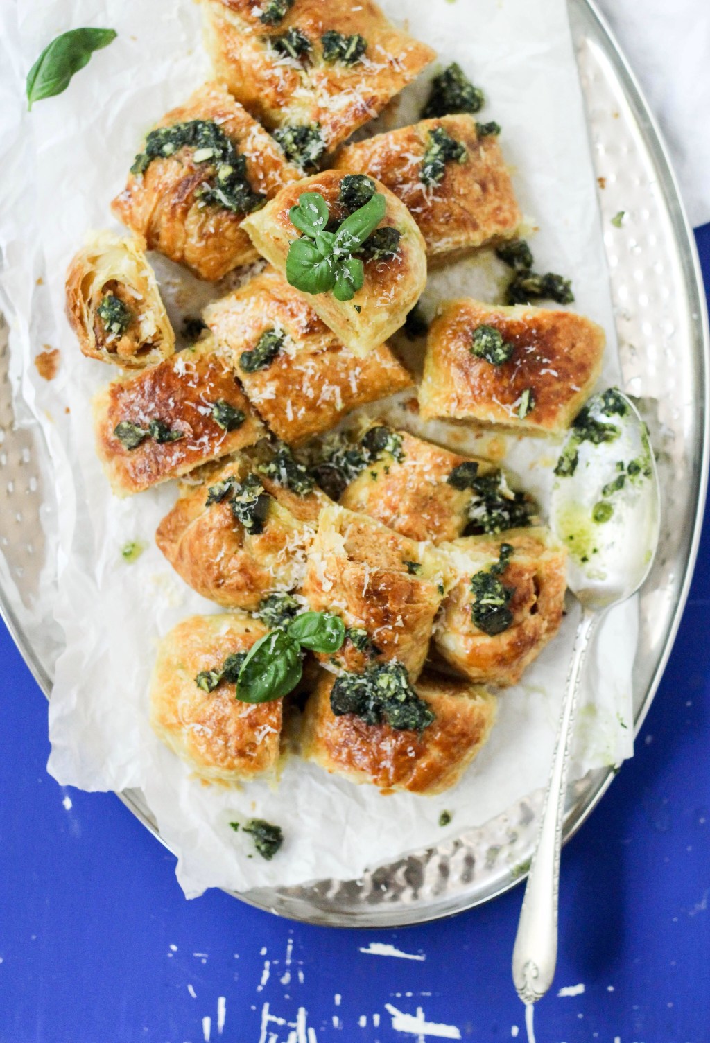 Chicken sausage rolls with a basil and pumpkin seed&nbsp;pesto.