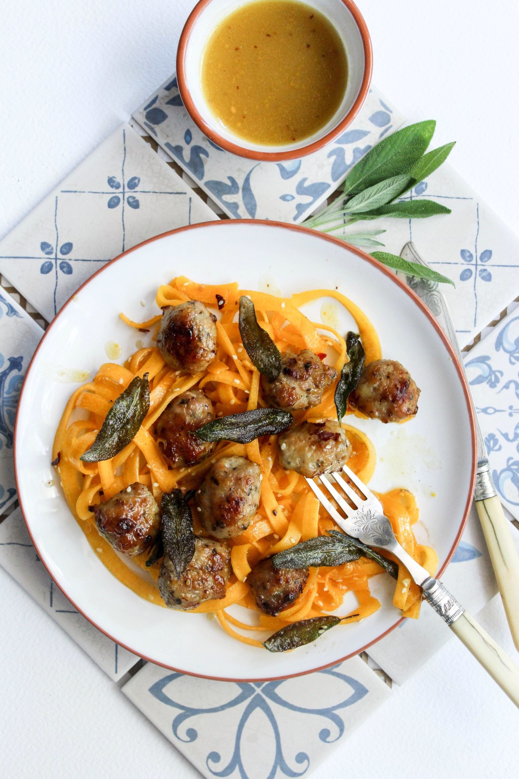 Honey and Mustard Pork meatballs with pumpkin&nbsp;tagliatelle.
