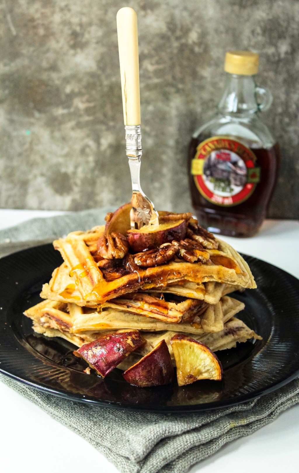 Sweet potato, maple and pecan nut&nbsp;waffles.