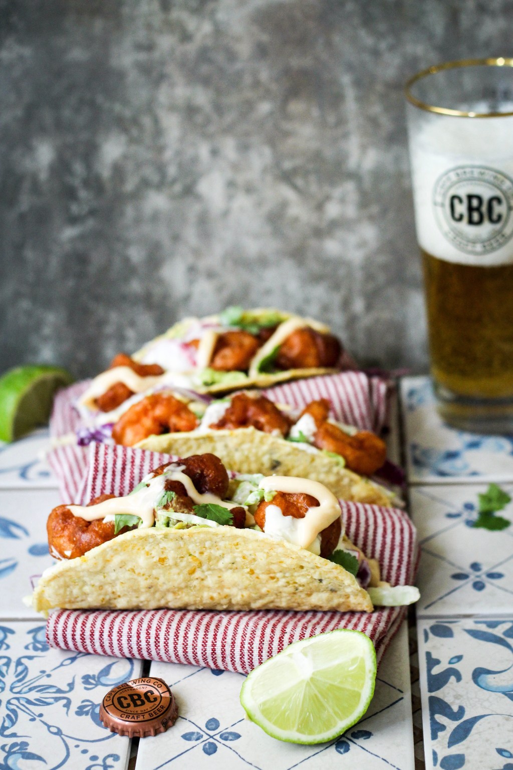 Beer-battered Prawn tacos